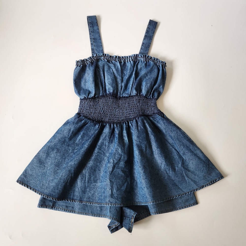 Indulge Convertible Smocked Chambray Romper Medium